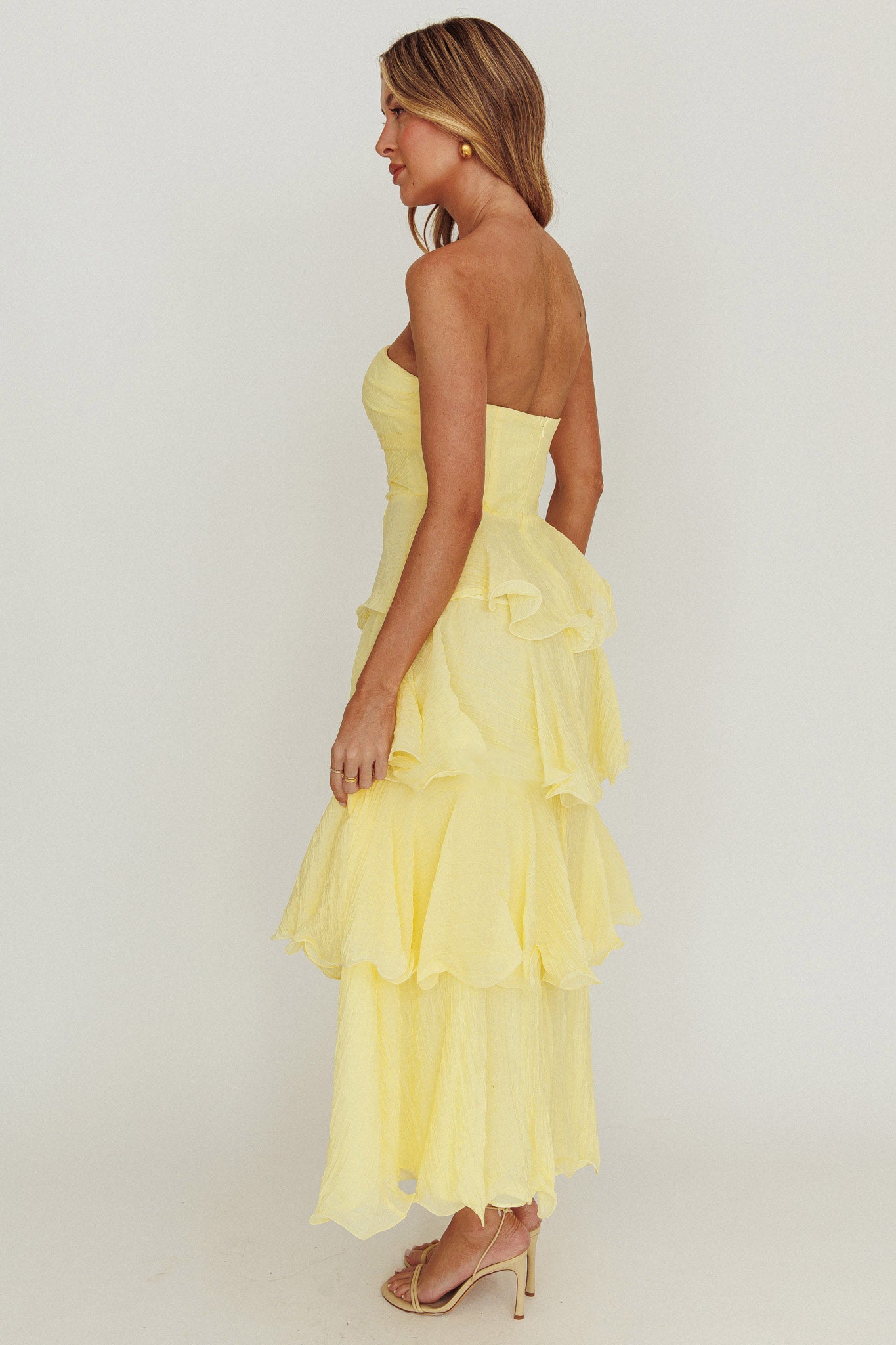 Giavana Strapless Layered Ruffles Midi Dress Lemon by Selfie Leslie Australia