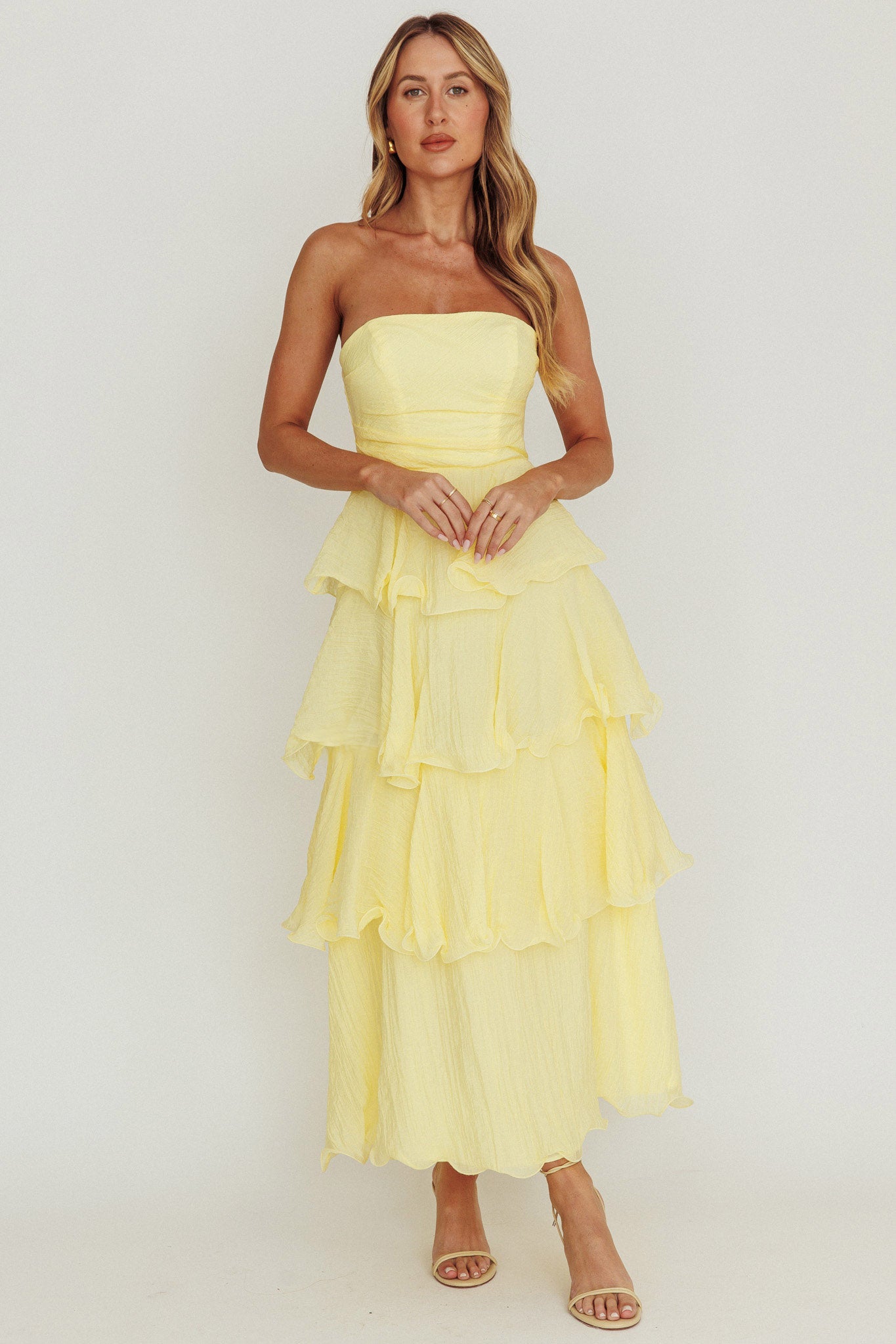 Giavana Strapless Layered Ruffles Midi Dress Lemon by Selfie Leslie Australia