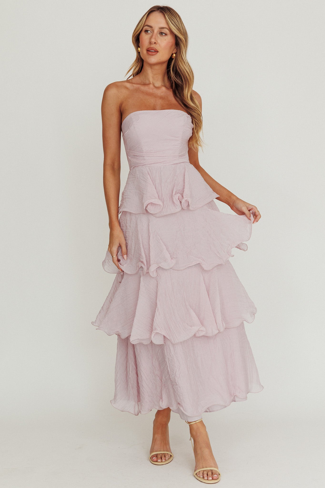 Giavana Strapless Layered Ruffles Midi Dress Lilac by Selfie Leslie Australia