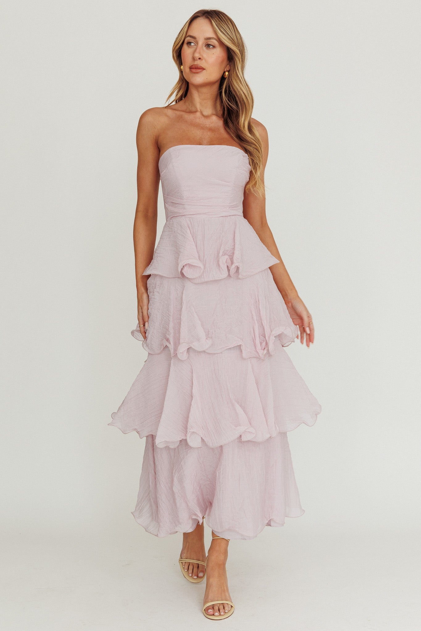 Giavana Strapless Layered Ruffles Midi Dress Lilac by Selfie Leslie Australia