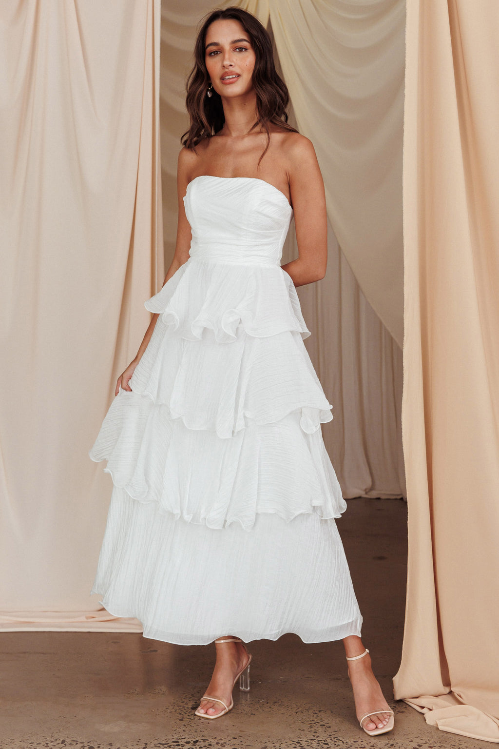 Giavana Strapless Layered Midi Dress Off White by Selfie Leslie Australia