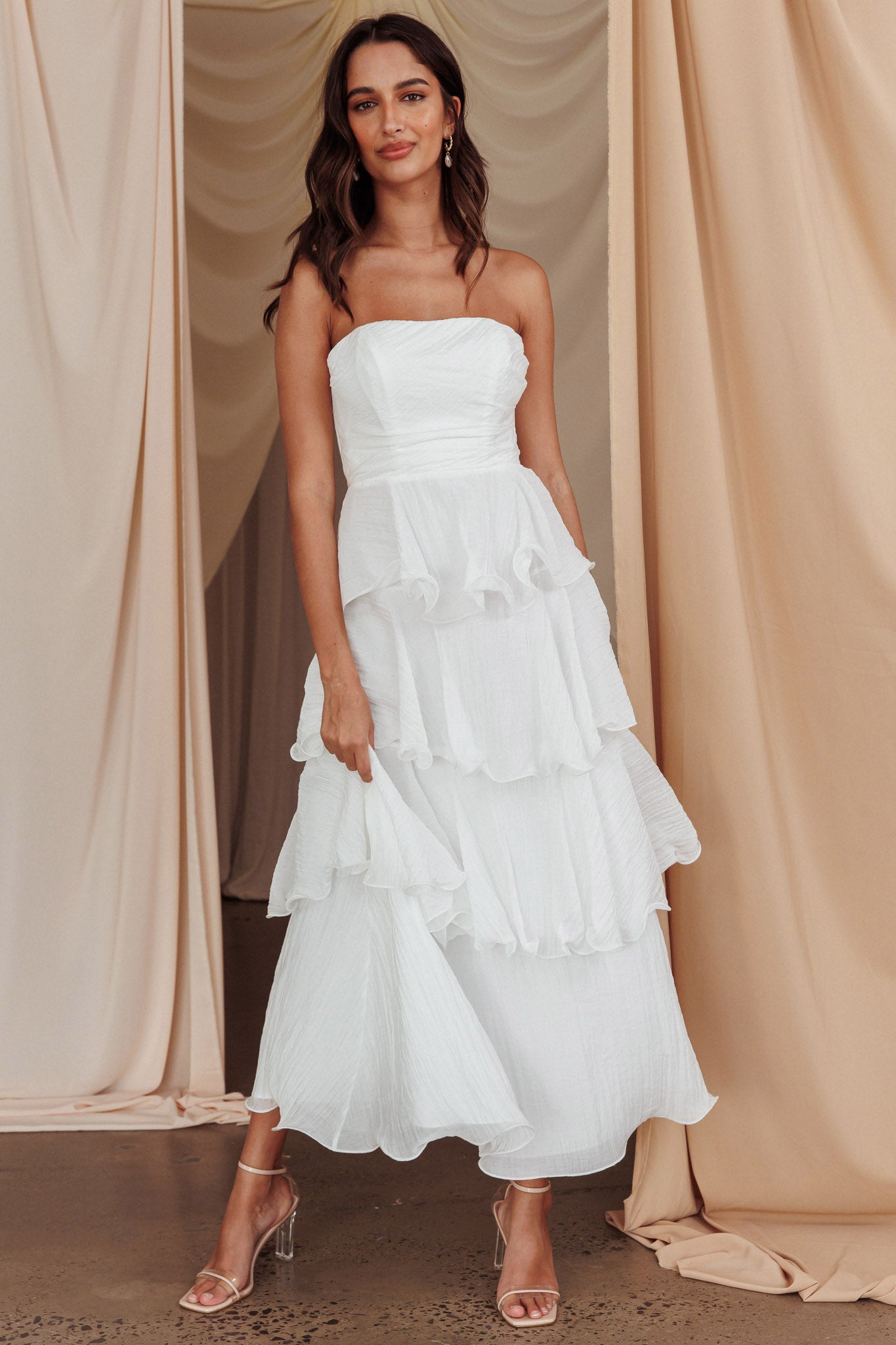 Giavana Strapless Layered Midi Dress Off White by Selfie Leslie Australia