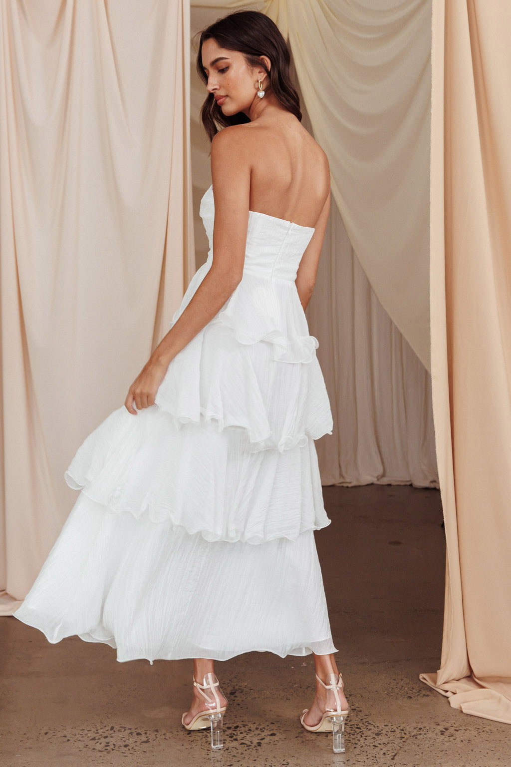 Giavana Strapless Layered Midi Dress Off White by Selfie Leslie Australia