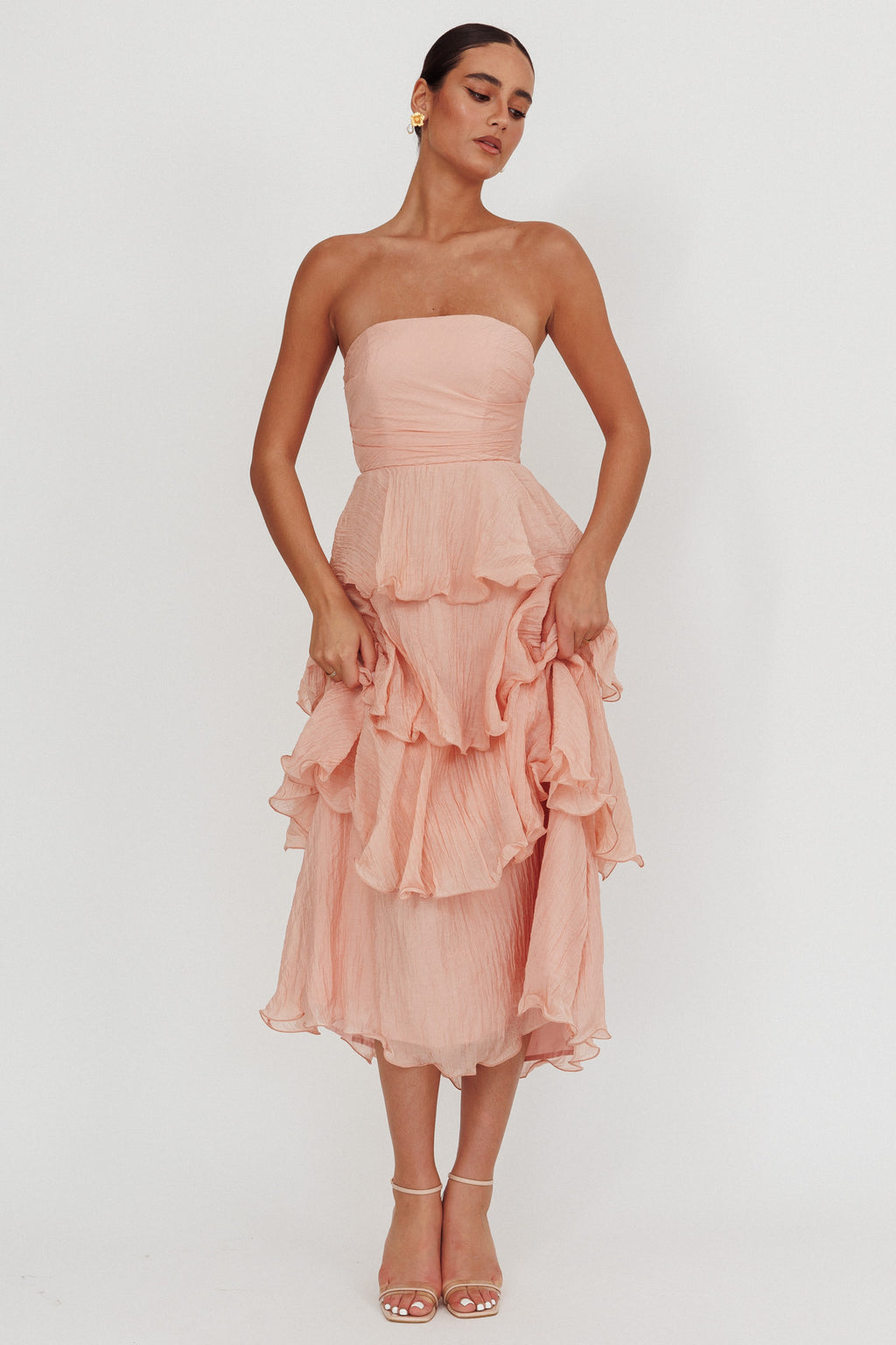 Giavana Strapless Layered Midi Dress Peach by Selfie Leslie Australia