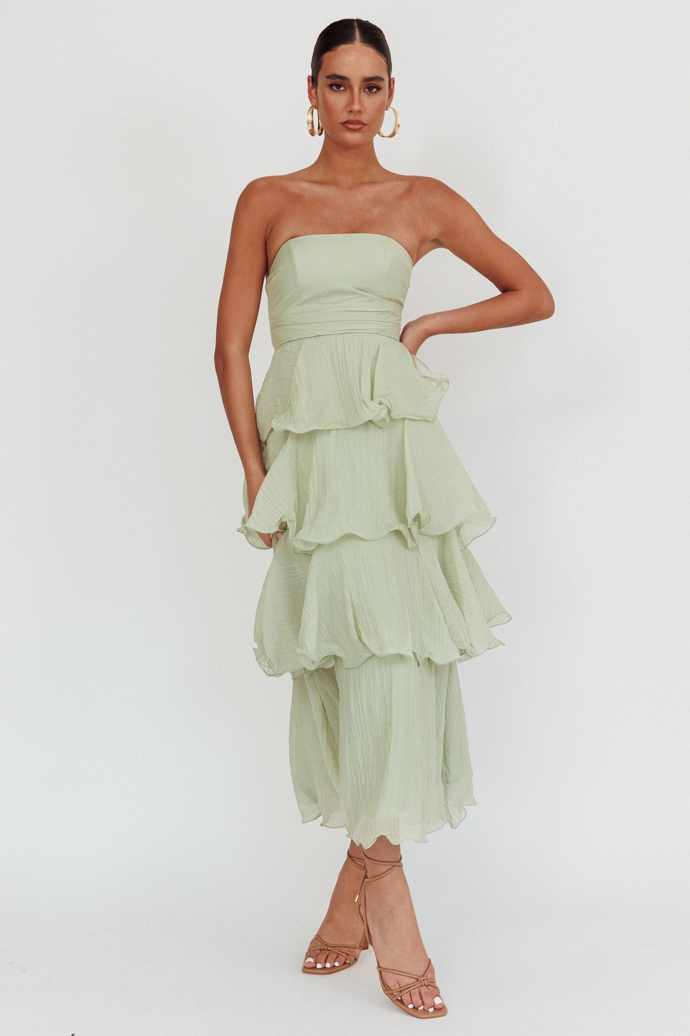 Giavana Strapless Layered Midi Dress Sage by Selfie Leslie Australia