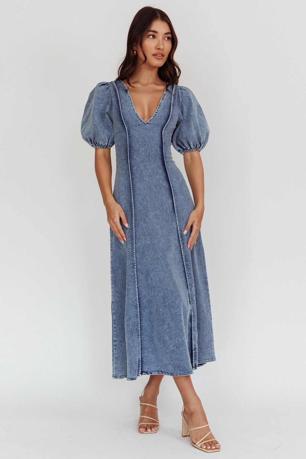 Morgane Puff Sleeve V-Neck Midi Dress Light Denim Blue by Selfie Leslie Australia
