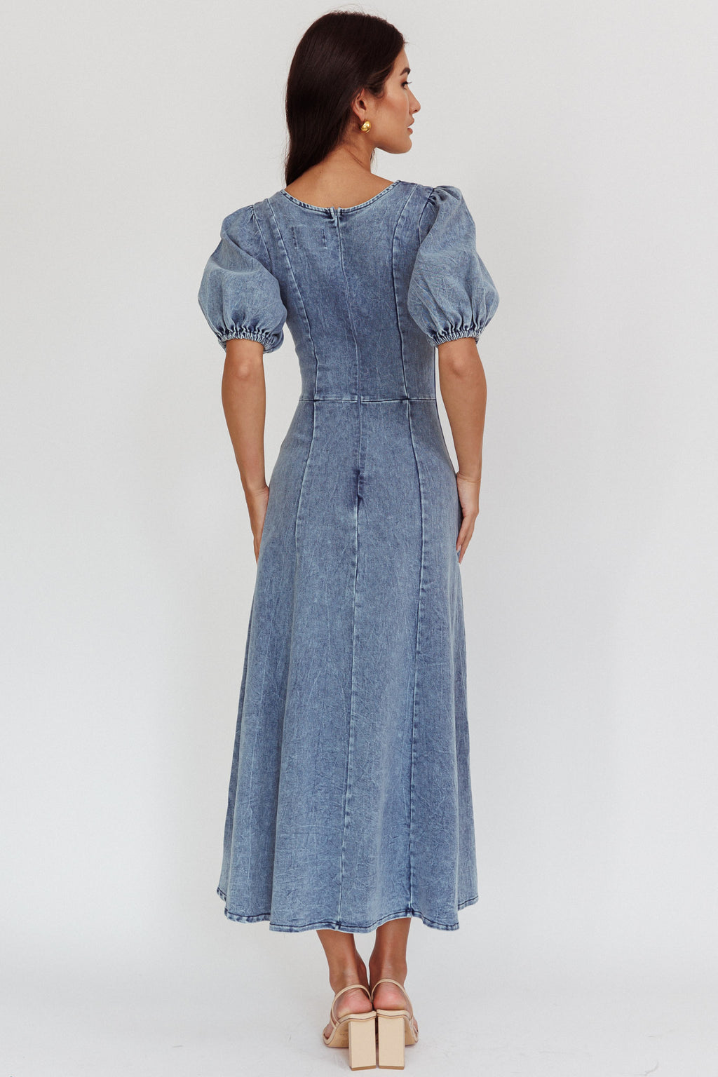 Morgane Puff Sleeve V-Neck Midi Dress Light Denim Blue by Selfie Leslie Australia