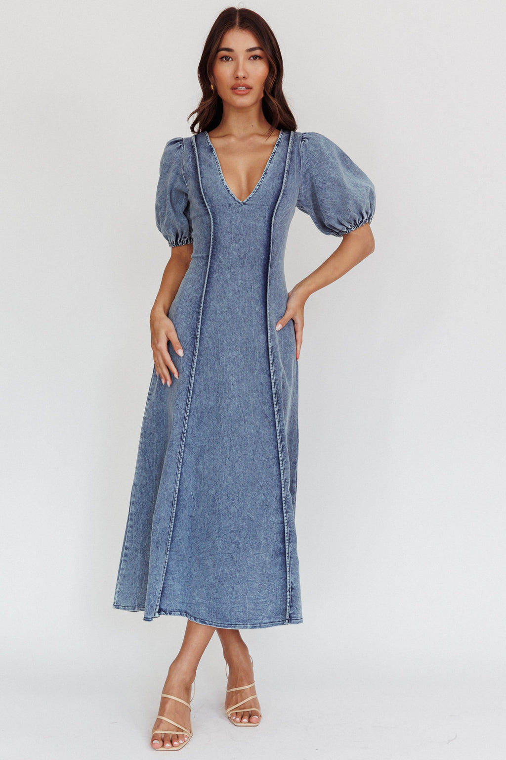 Morgane Puff Sleeve V-Neck Midi Dress Light Denim Blue by Selfie Leslie Australia