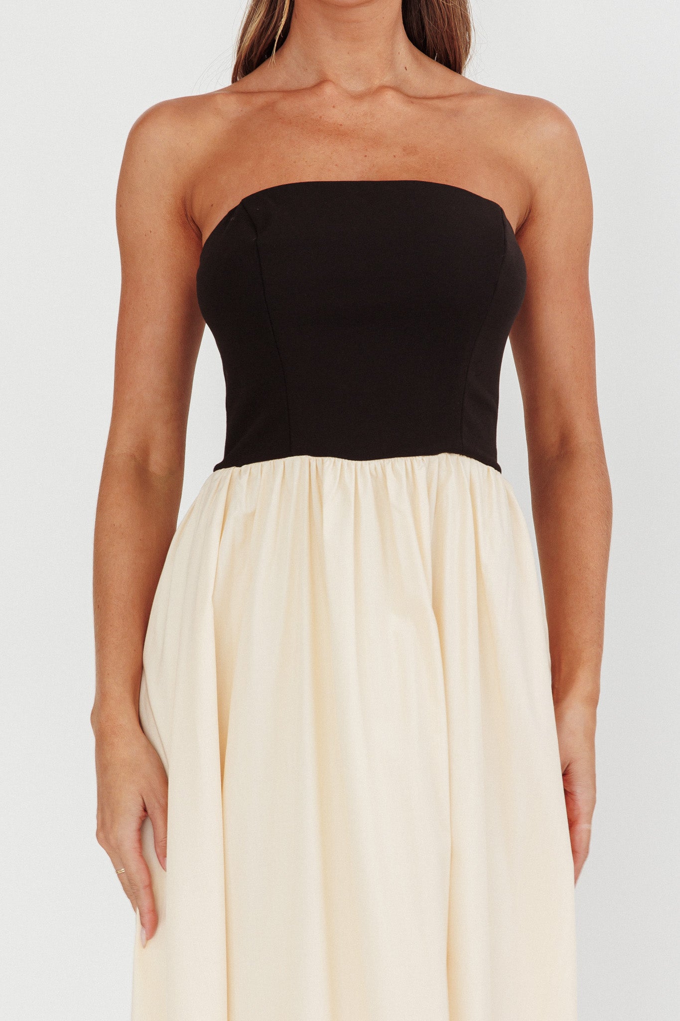 Princess Strapless Contrast Maxi Dress Black/Beige by Selfie Leslie Australia