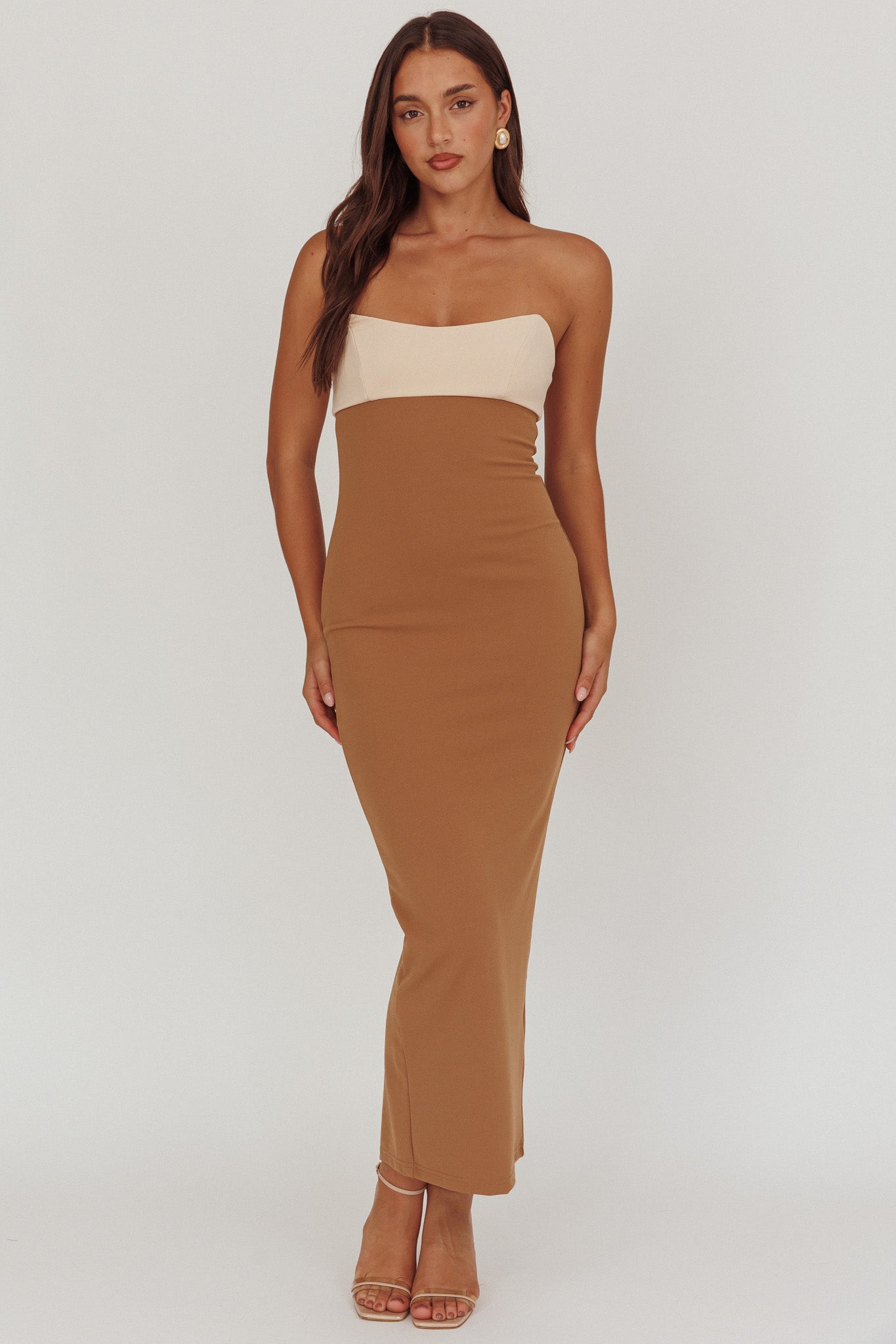 Regent Strapless Maxi Dress Contrast Camel by Selfie Leslie Australia