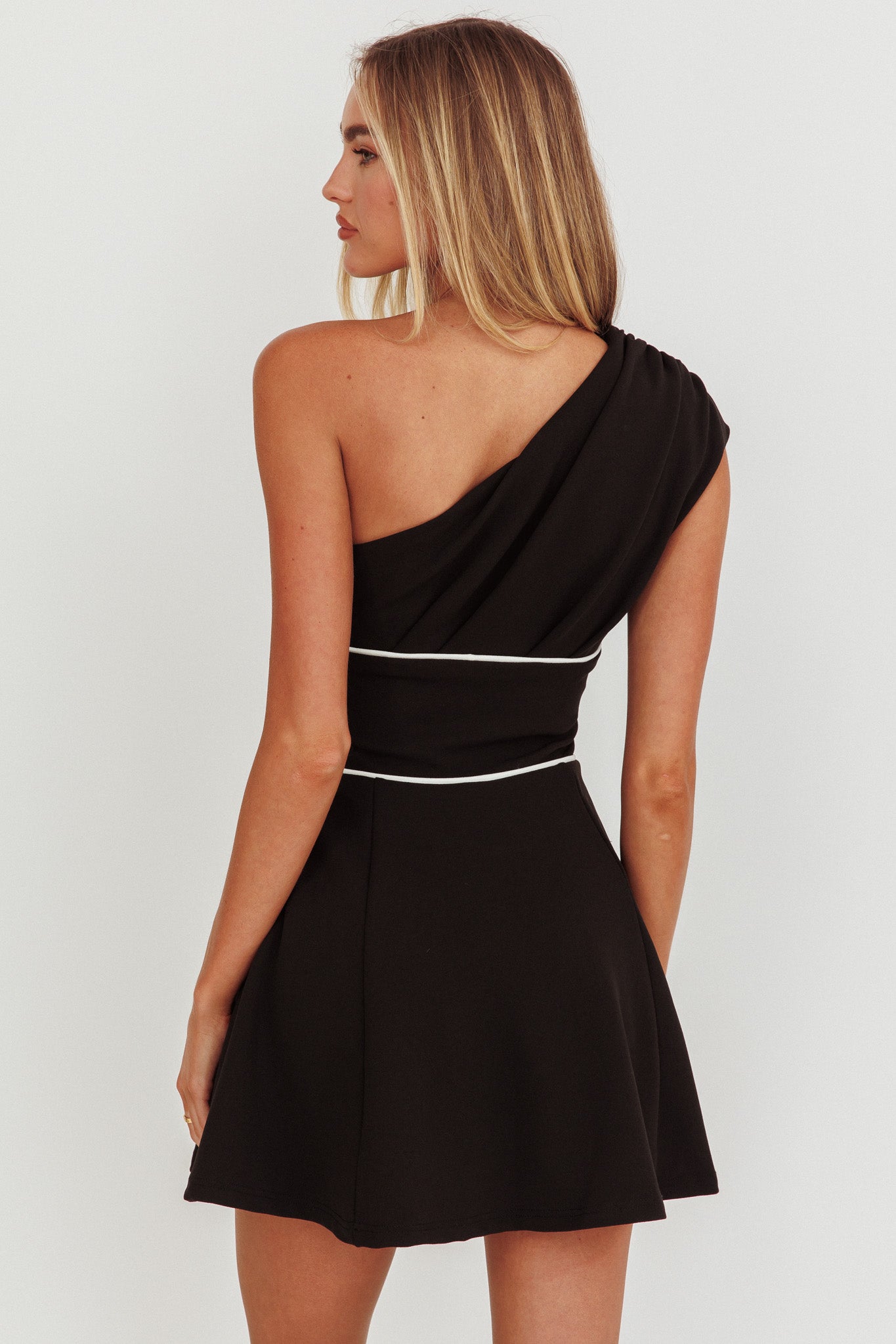 Carissa One-Shoulder Piping Mini Dress Black by Selfie Leslie Australia