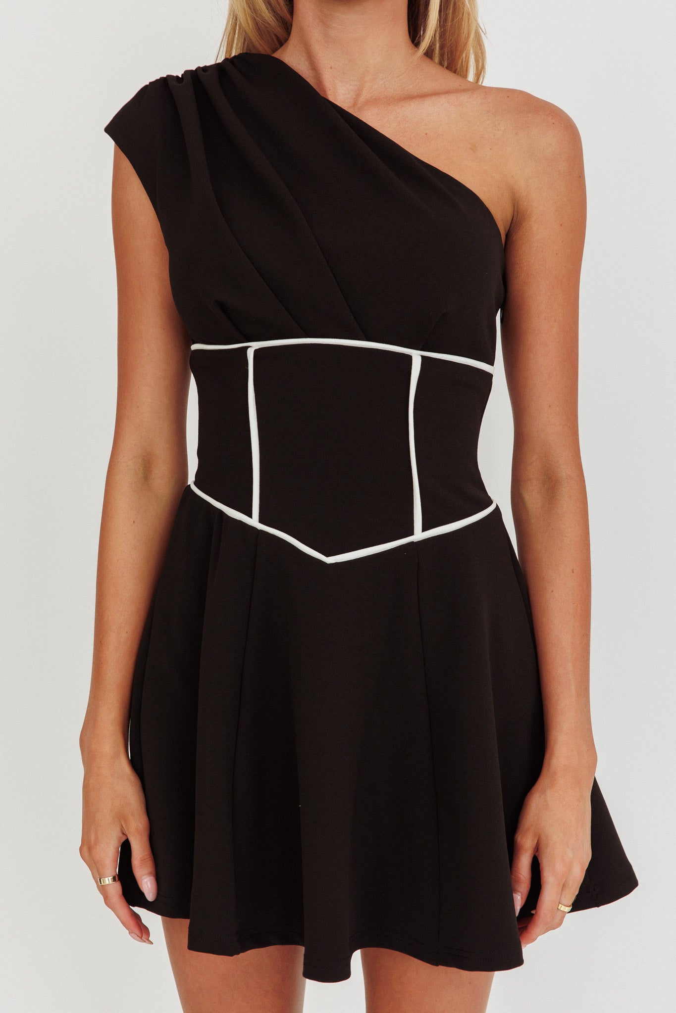 Carissa One-Shoulder Piping Mini Dress Black by Selfie Leslie Australia
