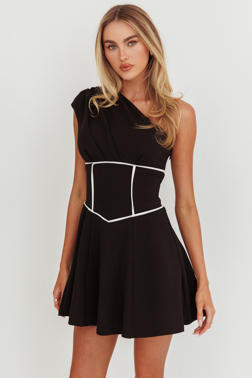 Carissa One-Shoulder Piping Mini Dress Black by Selfie Leslie Australia
