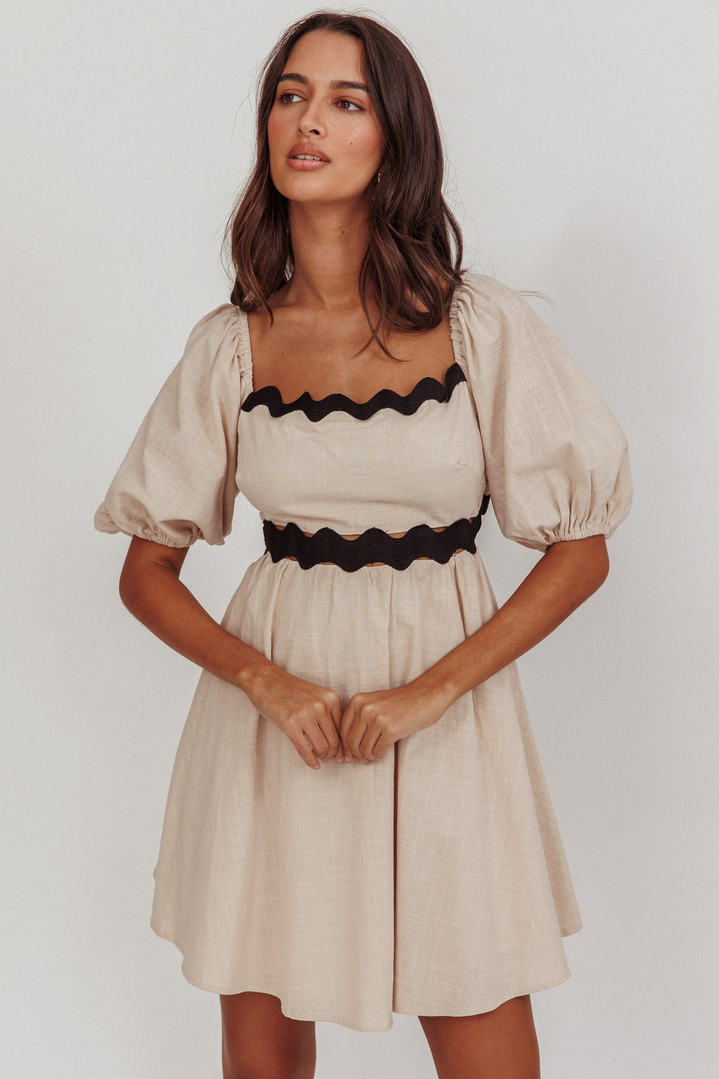 Akali Puff Sleeve A-line Mini Dress Oat by Selfie Leslie Australia