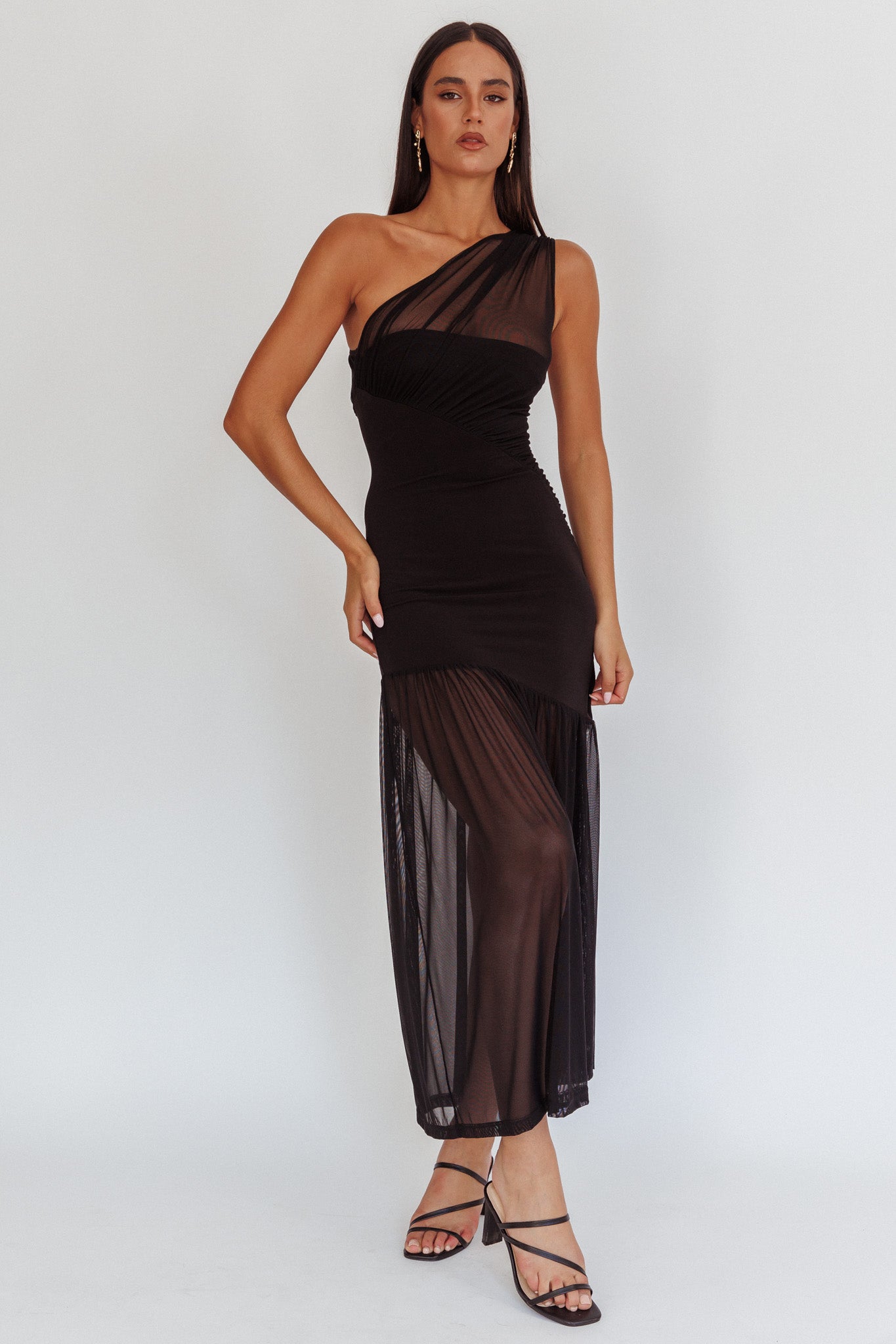 Passion One-Shoulder Mesh Maxi Dress Black by Selfie Leslie Australia