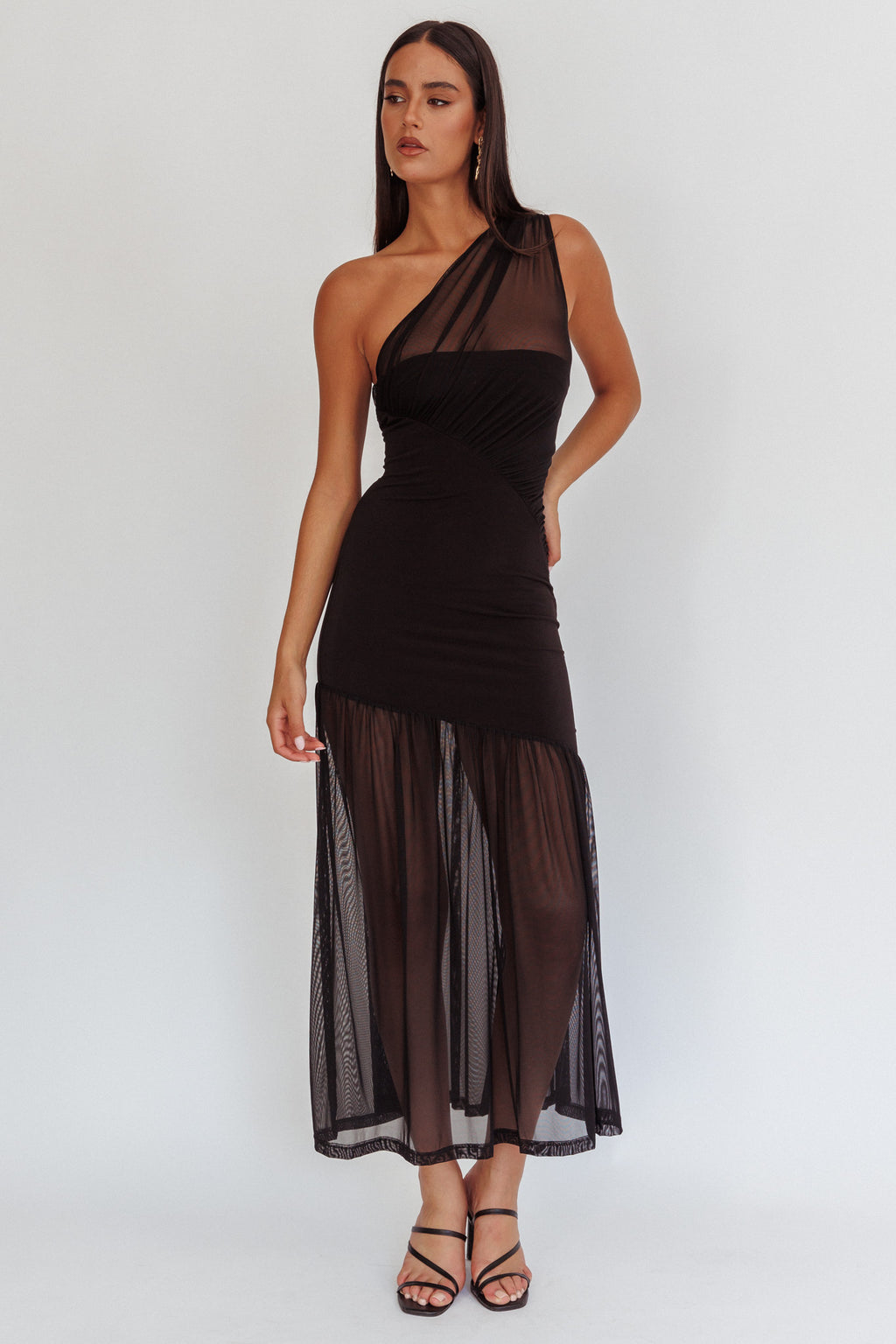 Passion One-Shoulder Mesh Maxi Dress Black by Selfie Leslie Australia