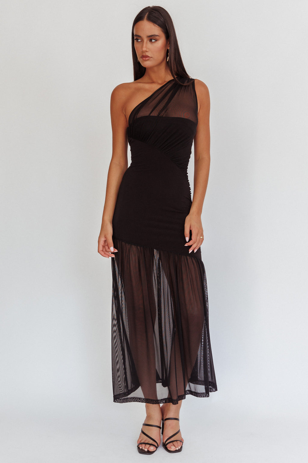Passion One-Shoulder Mesh Maxi Dress Black by Selfie Leslie Australia