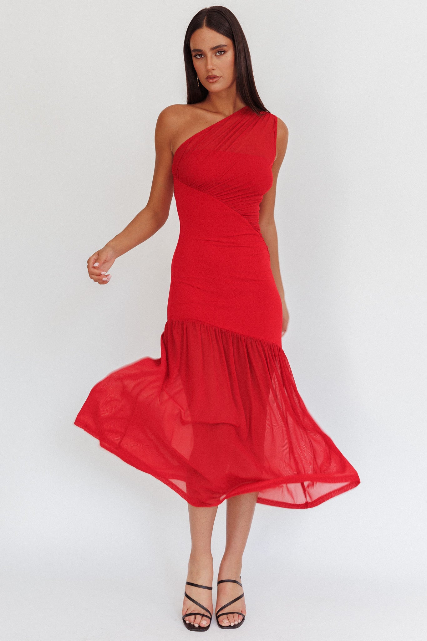 Passion One-Shoulder Mesh Maxi Dress Red by Selfie Leslie Australia