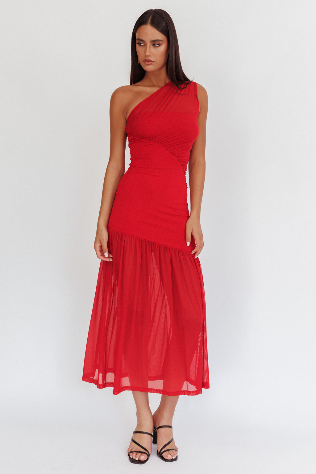 Passion One-Shoulder Mesh Maxi Dress Red by Selfie Leslie Australia