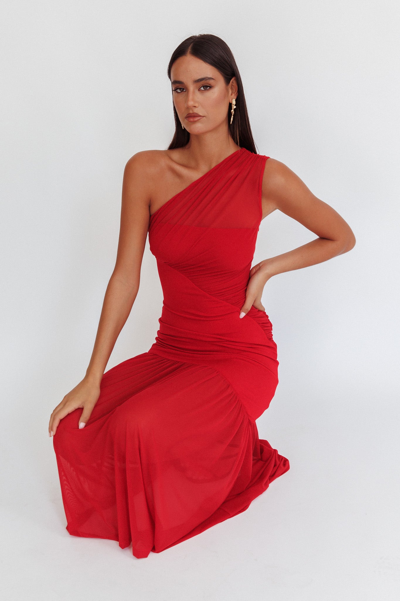 Passion One-Shoulder Mesh Maxi Dress Red by Selfie Leslie Australia