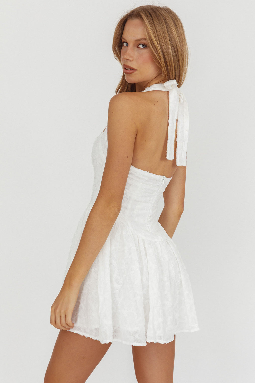 Rune Halterneck Mini Dress Applique White by Selfie Leslie Australia