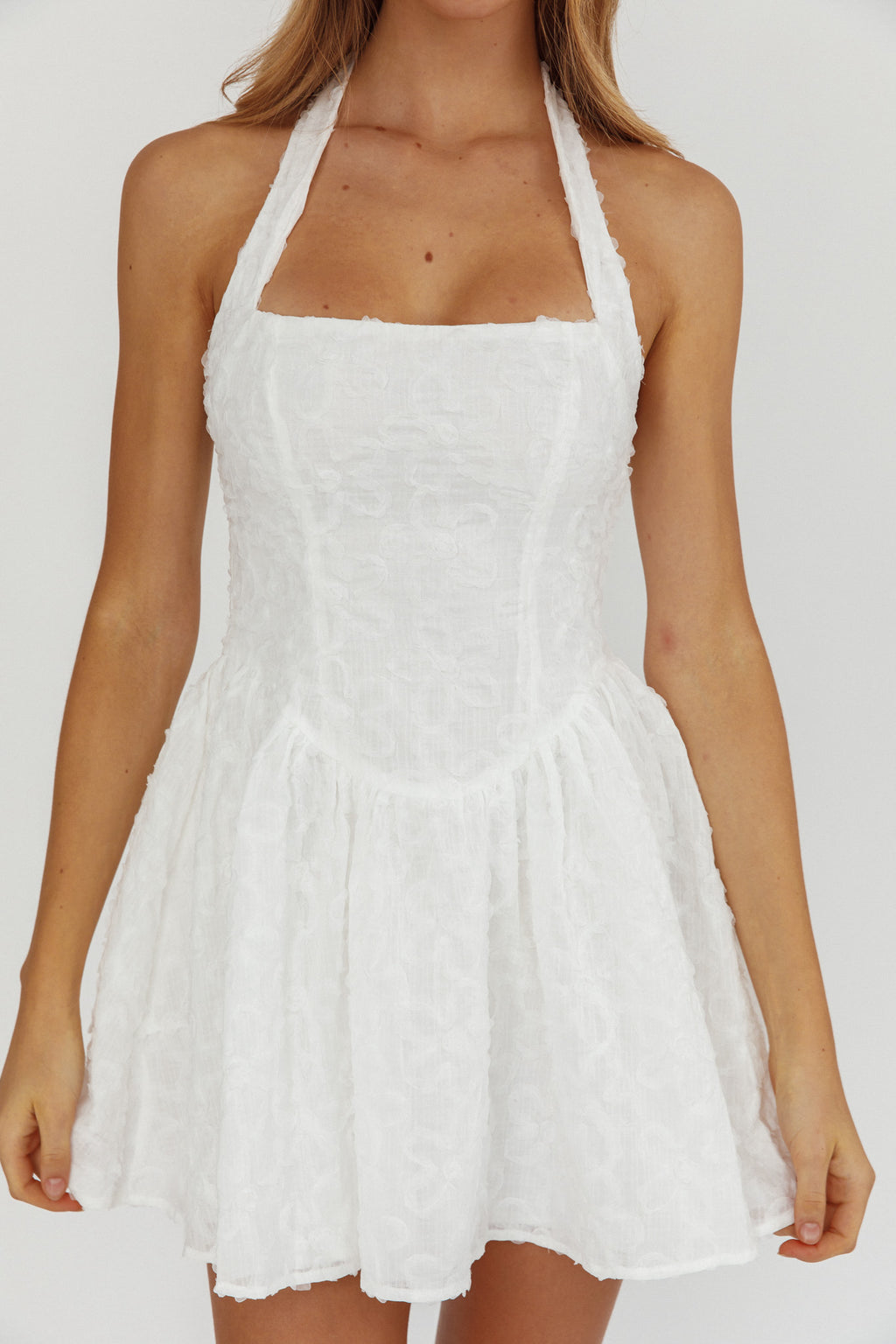 Rune Halterneck Mini Dress Applique White by Selfie Leslie Australia