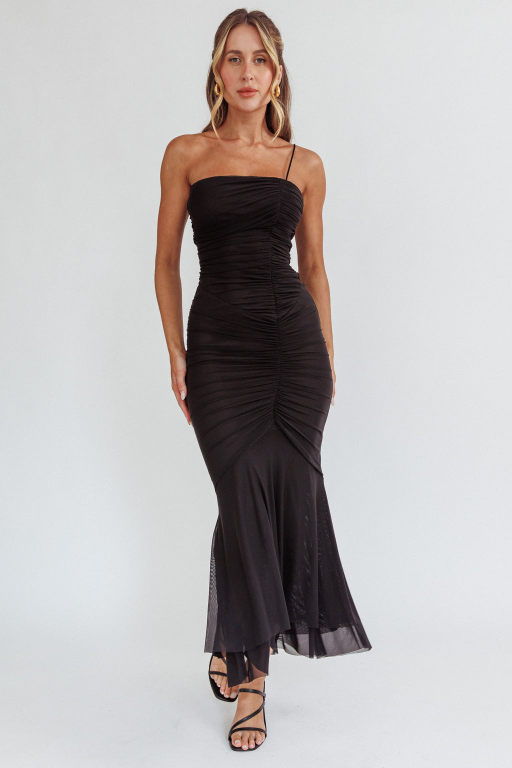 By Chance One Strap Ruched Maxi Dress Black by Selfie Leslie Australia