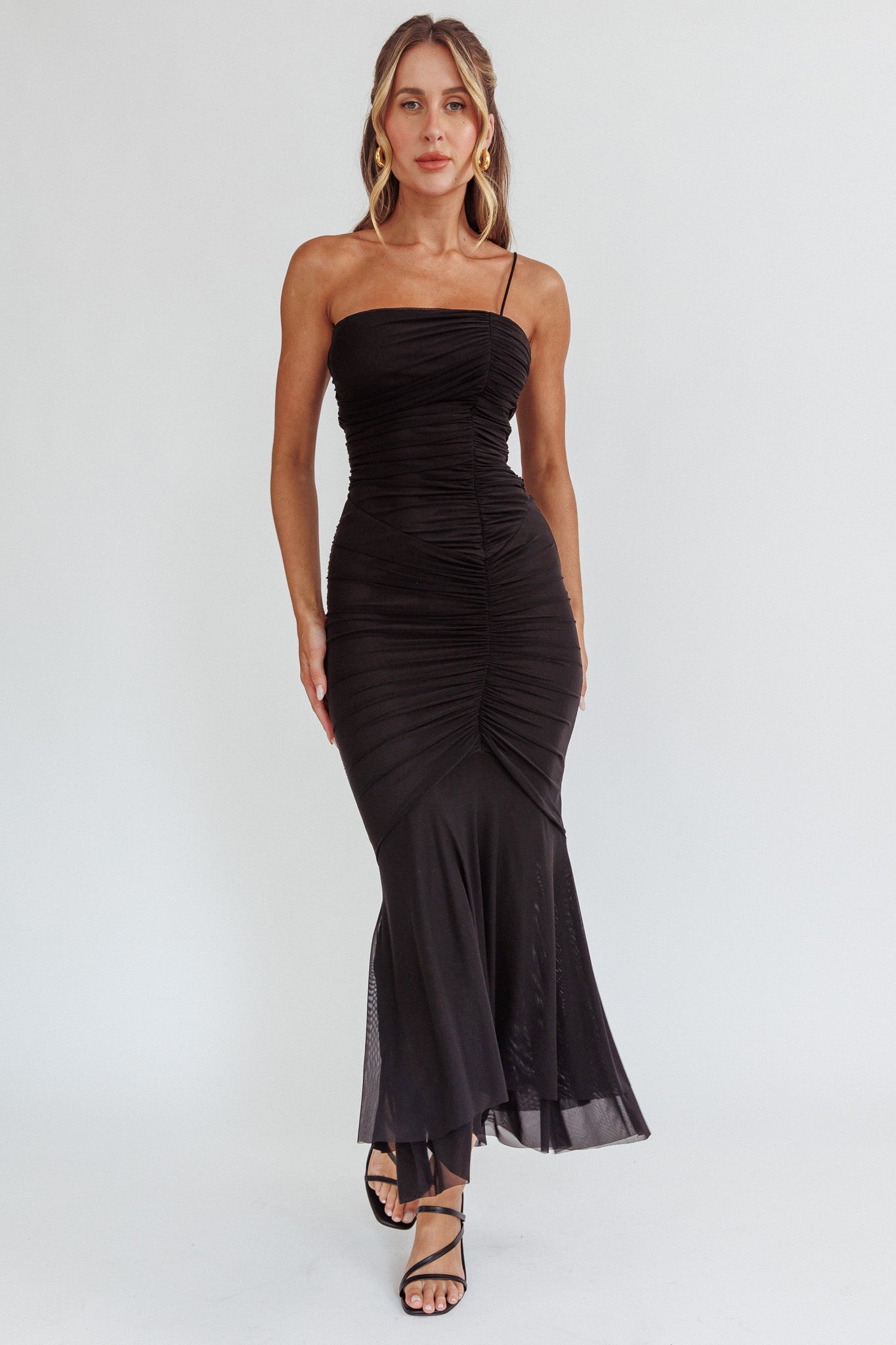 By Chance One Strap Ruched Maxi Dress Black by Selfie Leslie Australia