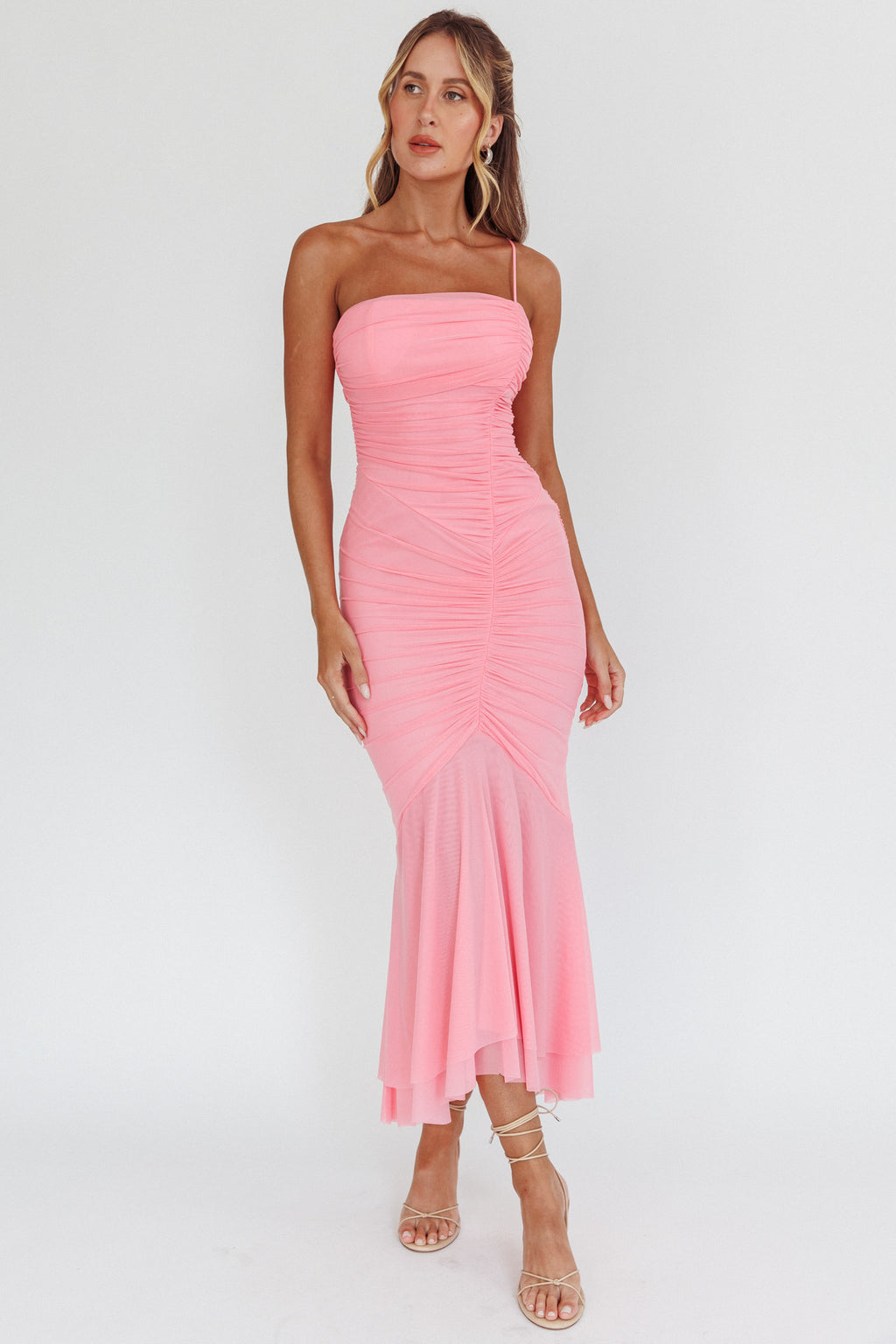 By Chance One Strap Ruched Maxi Dress Pink by Selfie Leslie Australia