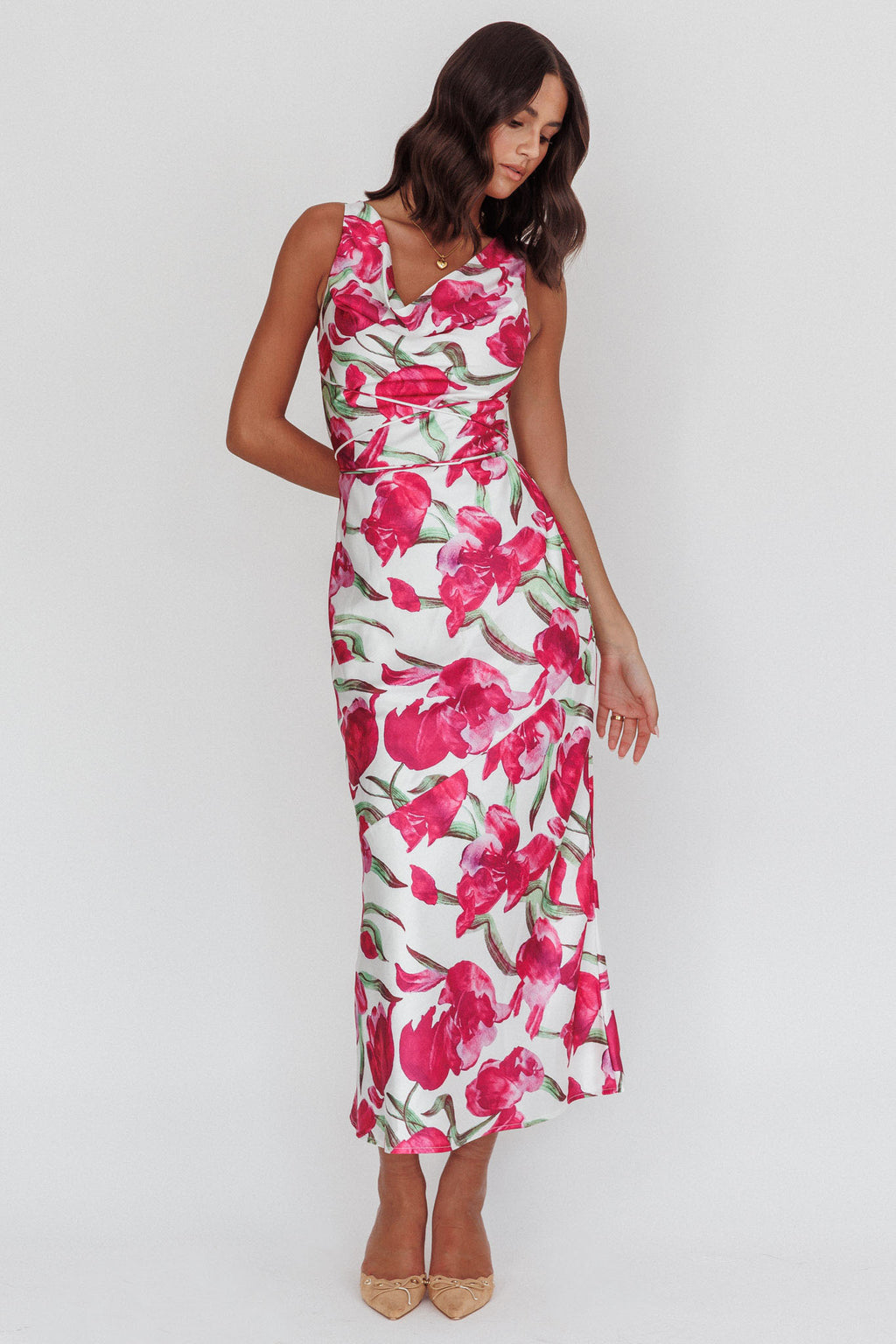 Serenitie Cowl Neck Waist Tie Maxi Dress Floral Pink by Selfie Leslie Australia