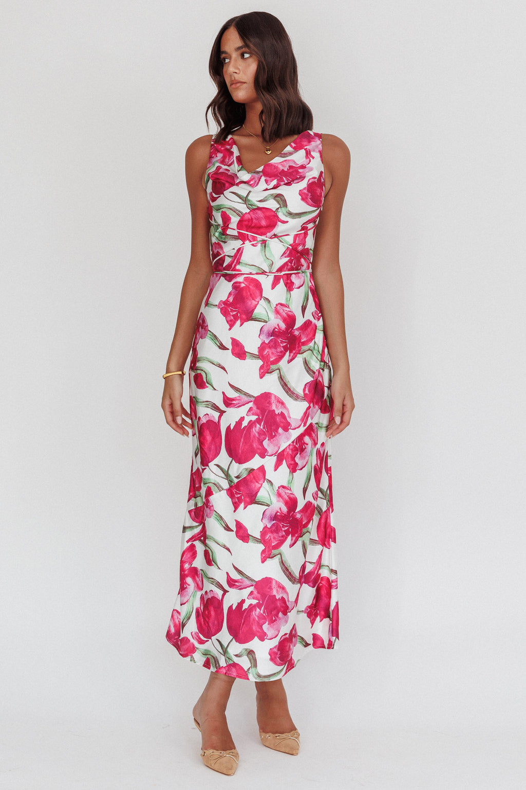 Serenitie Cowl Neck Waist Tie Maxi Dress Floral Pink by Selfie Leslie Australia
