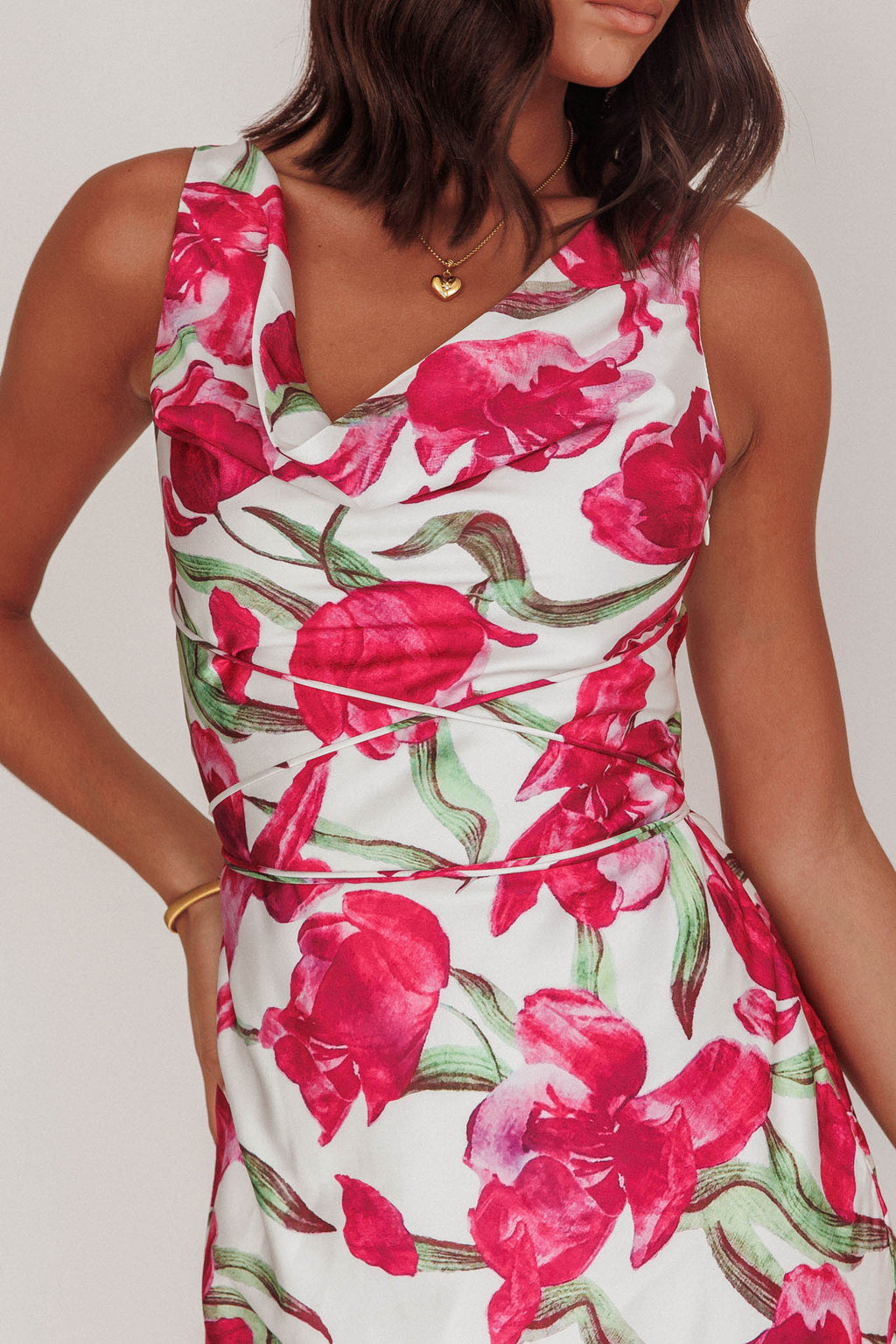 Serenitie Cowl Neck Waist Tie Maxi Dress Floral Pink by Selfie Leslie Australia