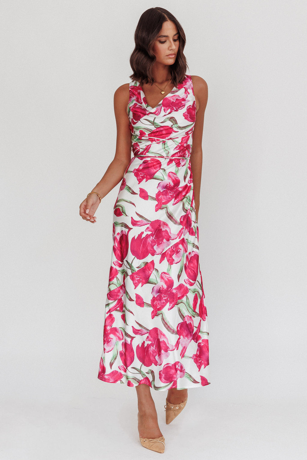 Serenitie Cowl Neck Waist Tie Maxi Dress Floral Pink by Selfie Leslie Australia