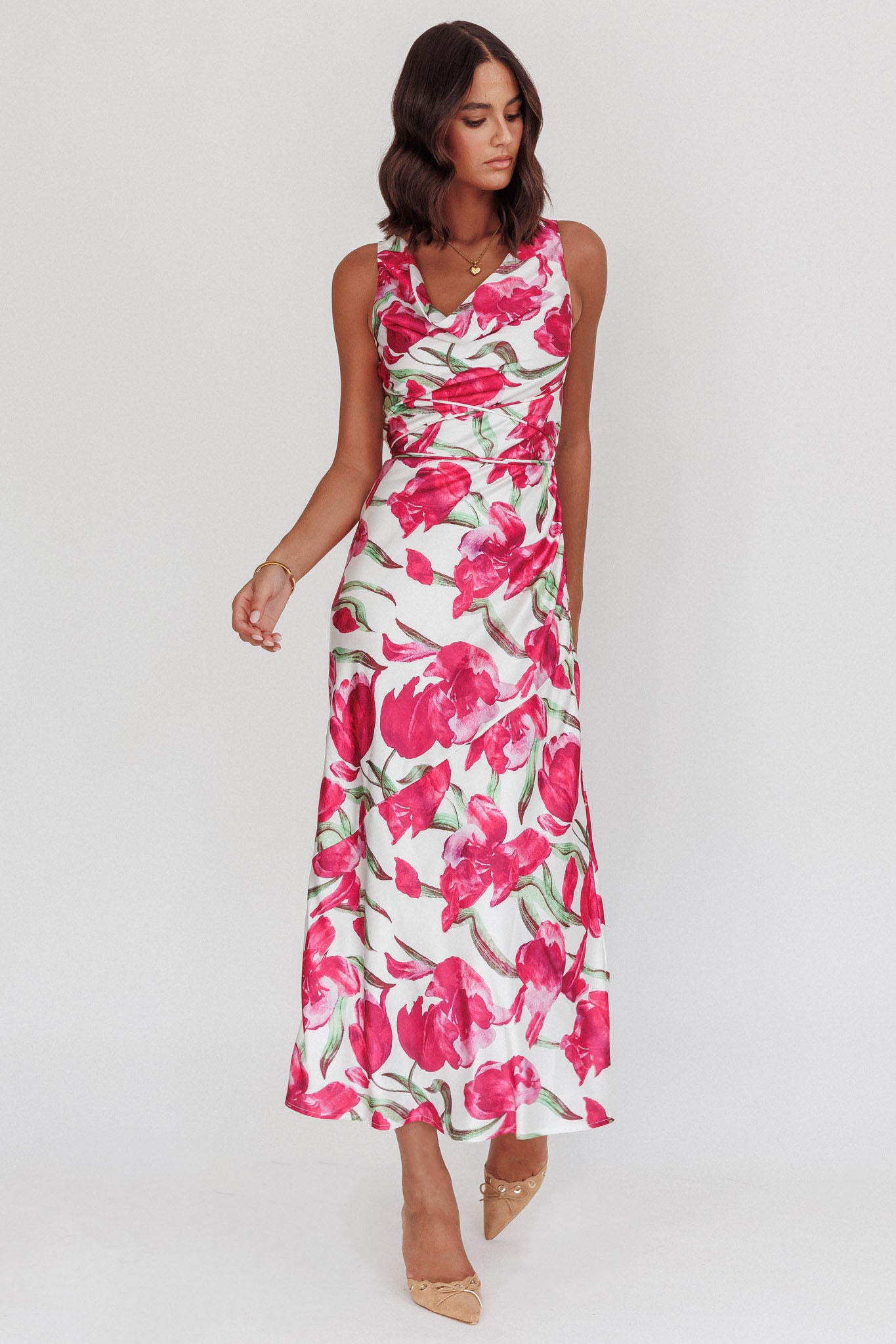 Serenitie Cowl Neck Waist Tie Maxi Dress Floral Pink by Selfie Leslie Australia