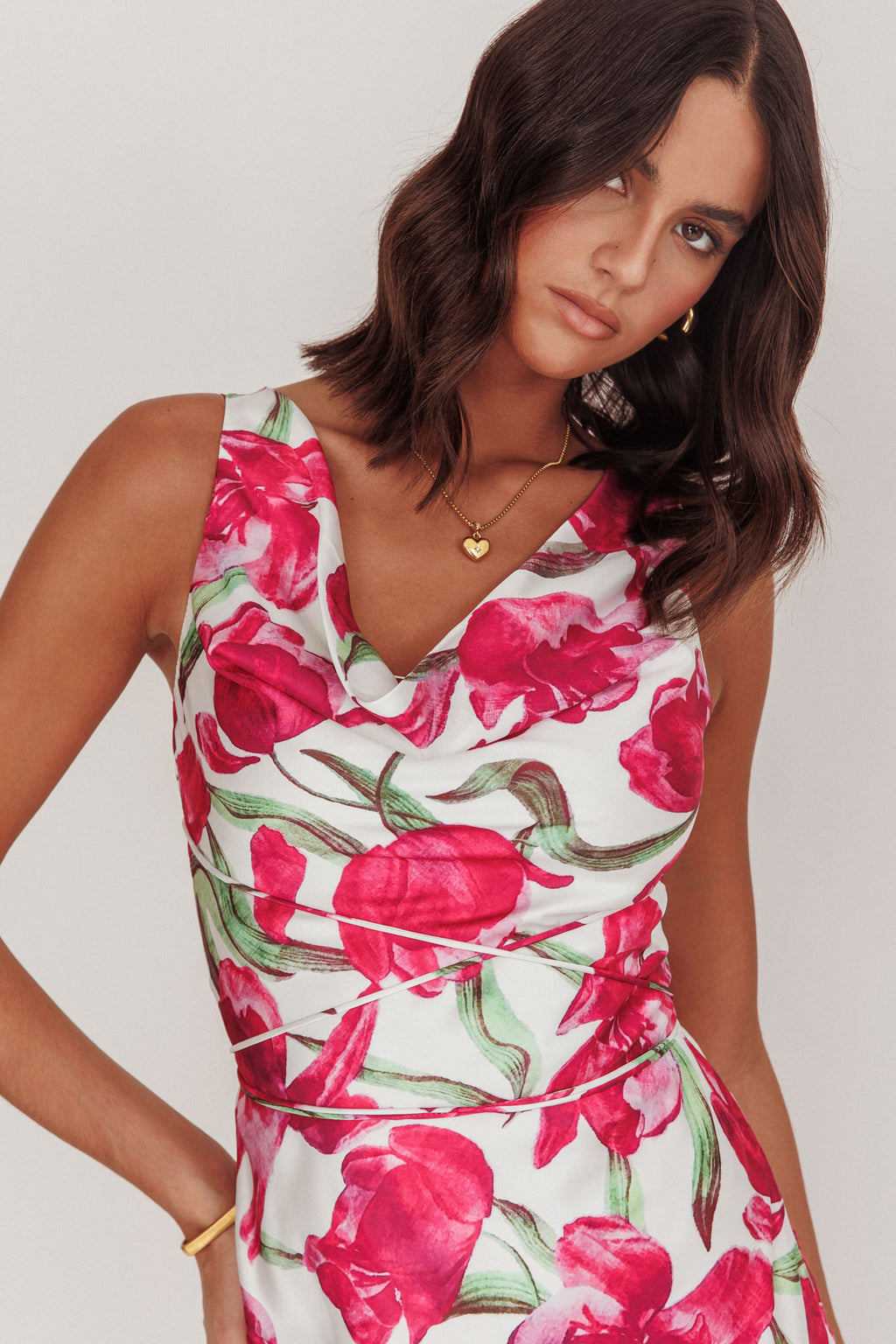 Serenitie Cowl Neck Waist Tie Maxi Dress Floral Pink by Selfie Leslie Australia