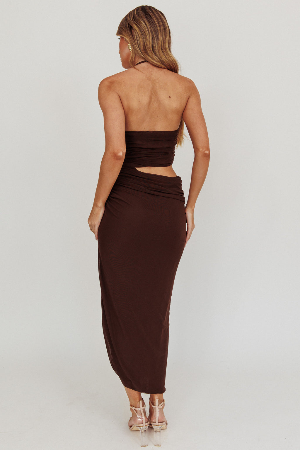 Somebody Cut-Out Halter Neck Midi Dress Chocolate by Selfie Leslie Australia