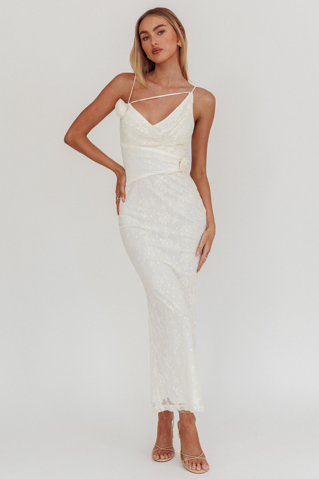 Golden Glow Rosette Cowl Neck Maxi Dress Beige by Selfie Leslie Australia