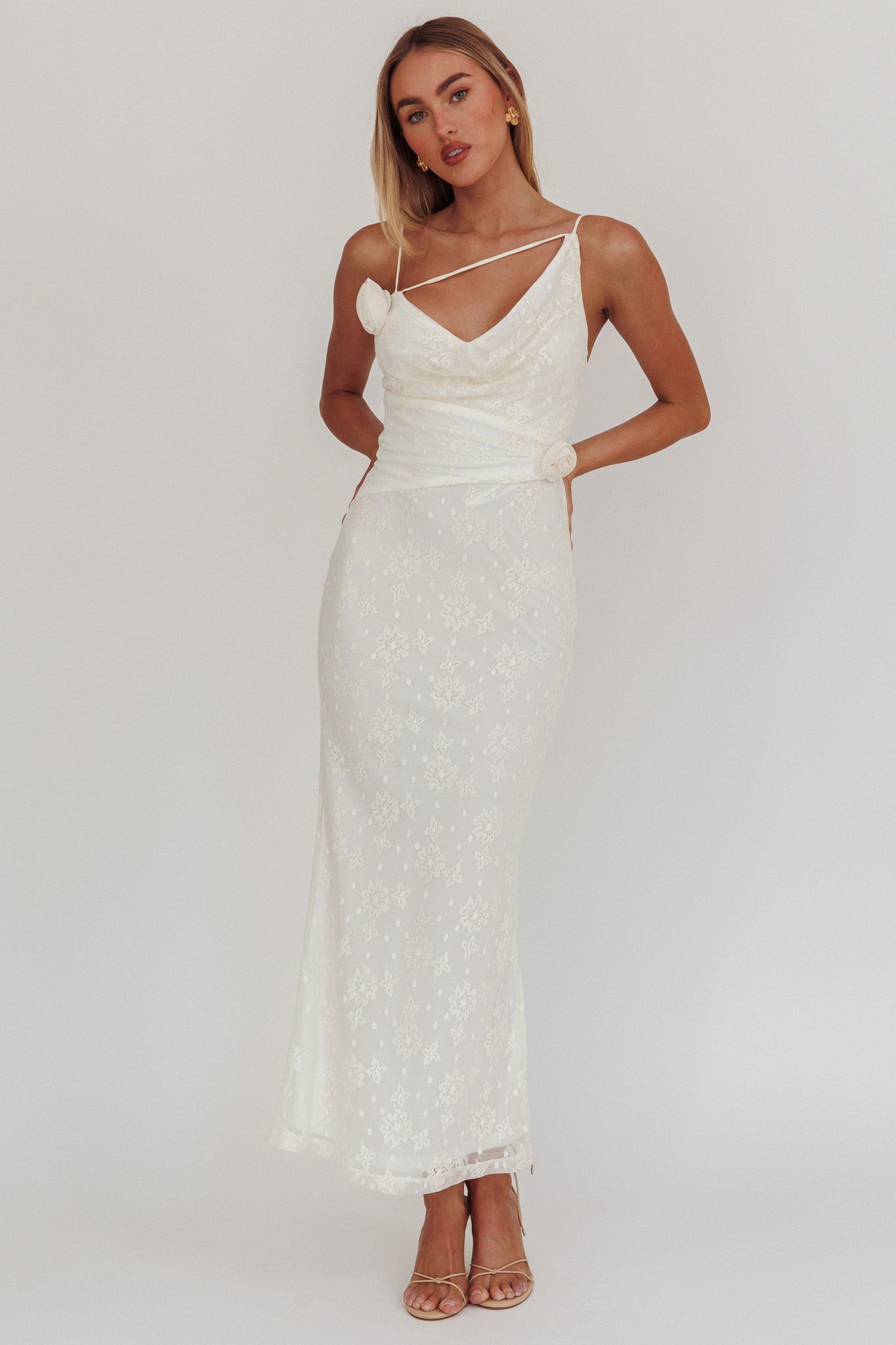 Golden Glow Rosette Cowl Neck Maxi Dress Beige by Selfie Leslie Australia