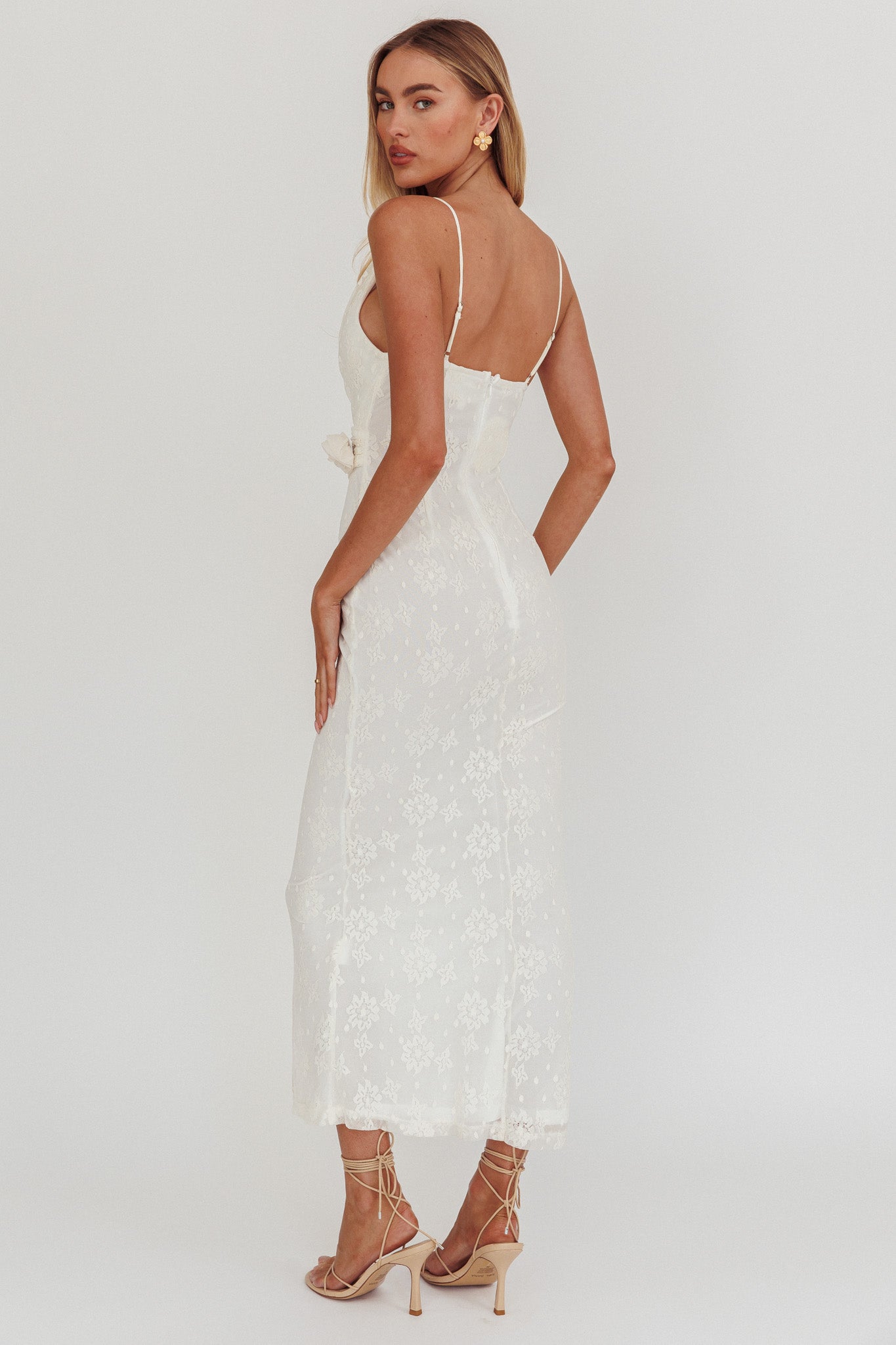 Golden Glow Rosette Cowl Neck Maxi Dress Beige by Selfie Leslie Australia