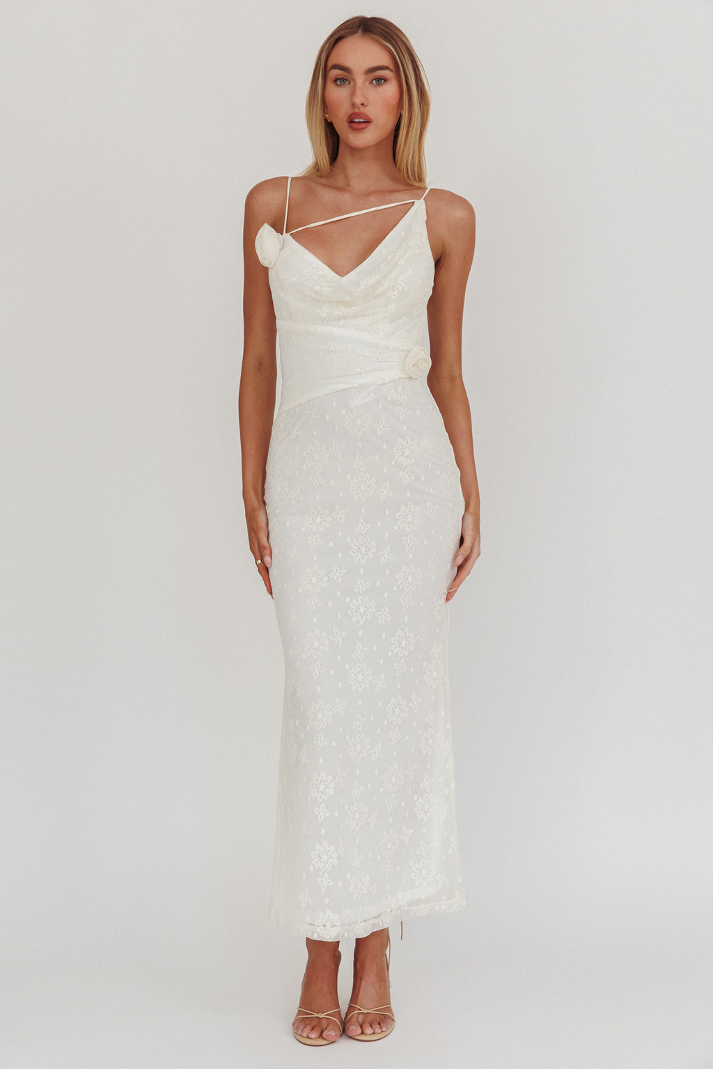 Golden Glow Rosette Cowl Neck Maxi Dress Beige by Selfie Leslie Australia