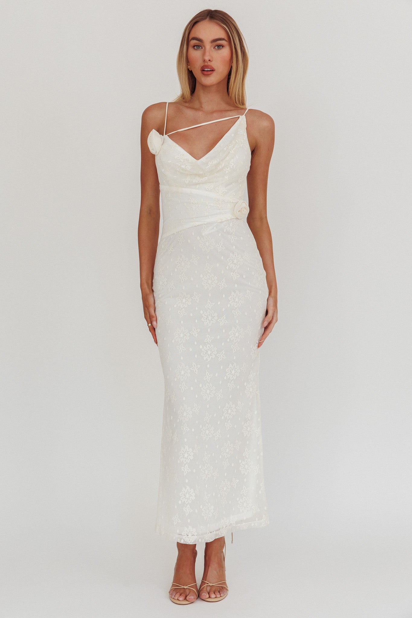 Golden Glow Rosette Cowl Neck Maxi Dress Beige by Selfie Leslie Australia