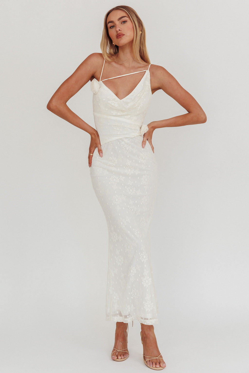 Golden Glow Rosette Cowl Neck Maxi Dress Beige by Selfie Leslie Australia