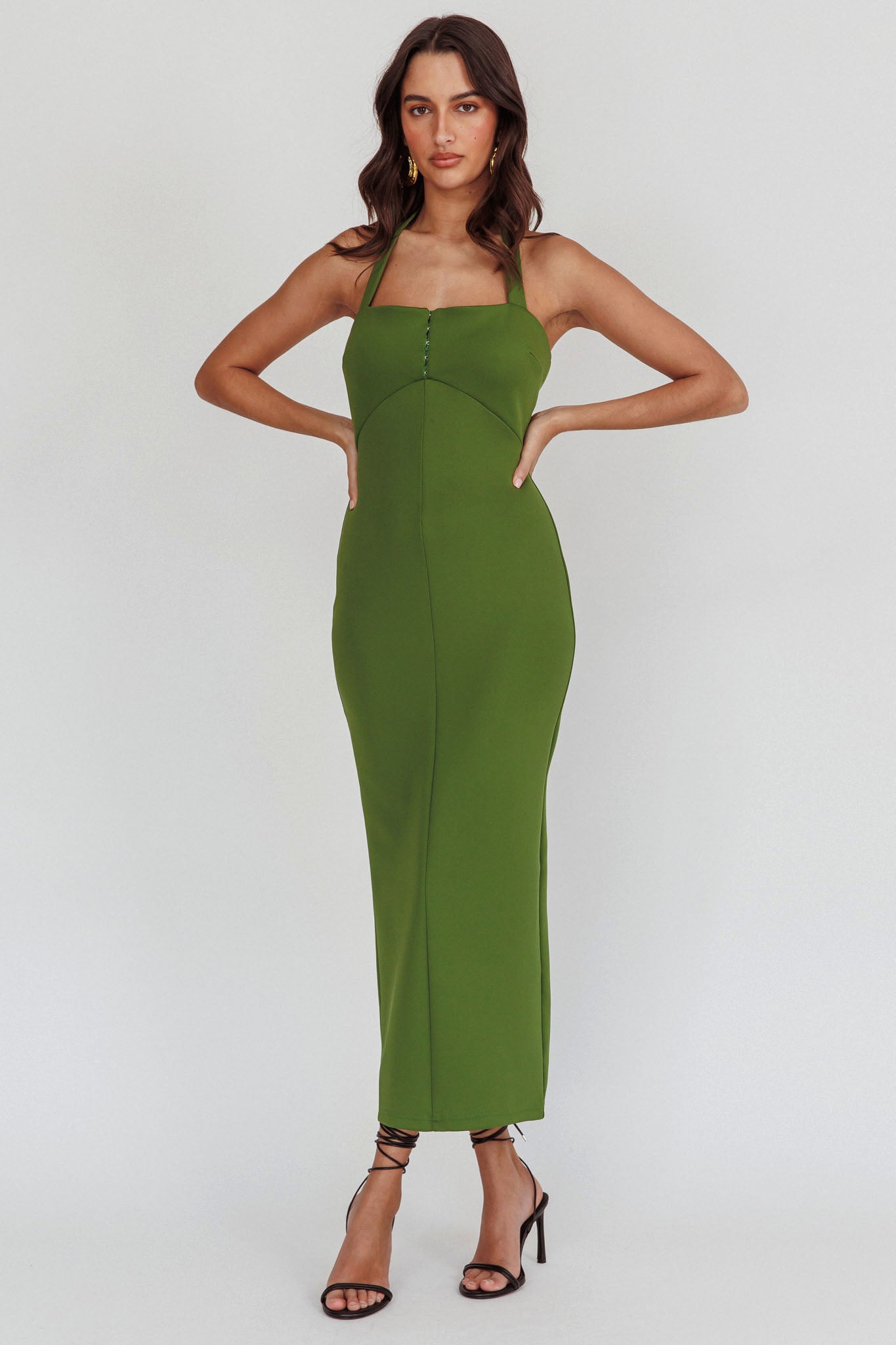 Goldfoil Halter Neck Maxi Dress Olive by Selfie Leslie Australia
