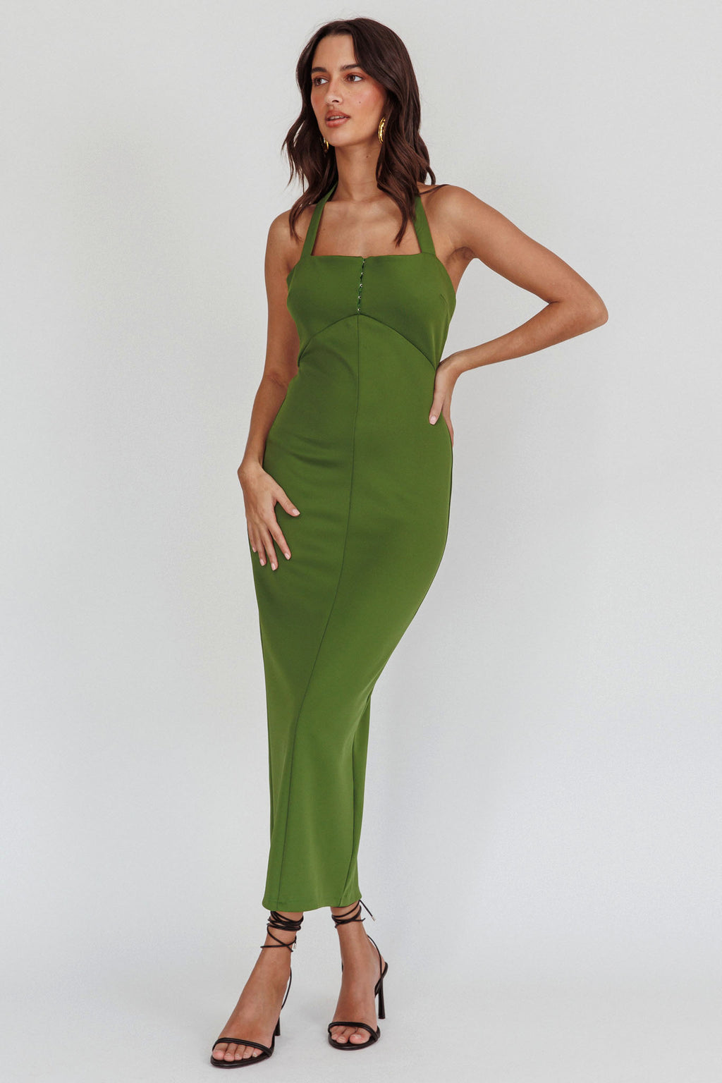 Goldfoil Halter Neck Maxi Dress Olive by Selfie Leslie Australia