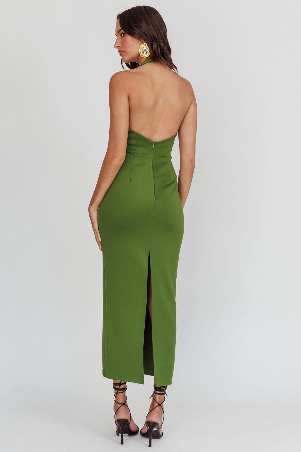 Goldfoil Halter Neck Maxi Dress Olive by Selfie Leslie Australia