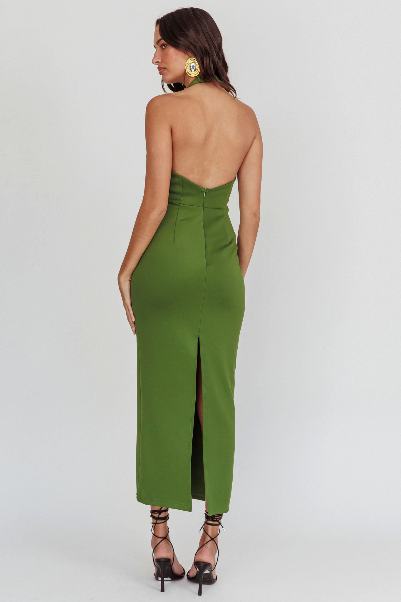 Goldfoil Halter Neck Maxi Dress Olive by Selfie Leslie Australia