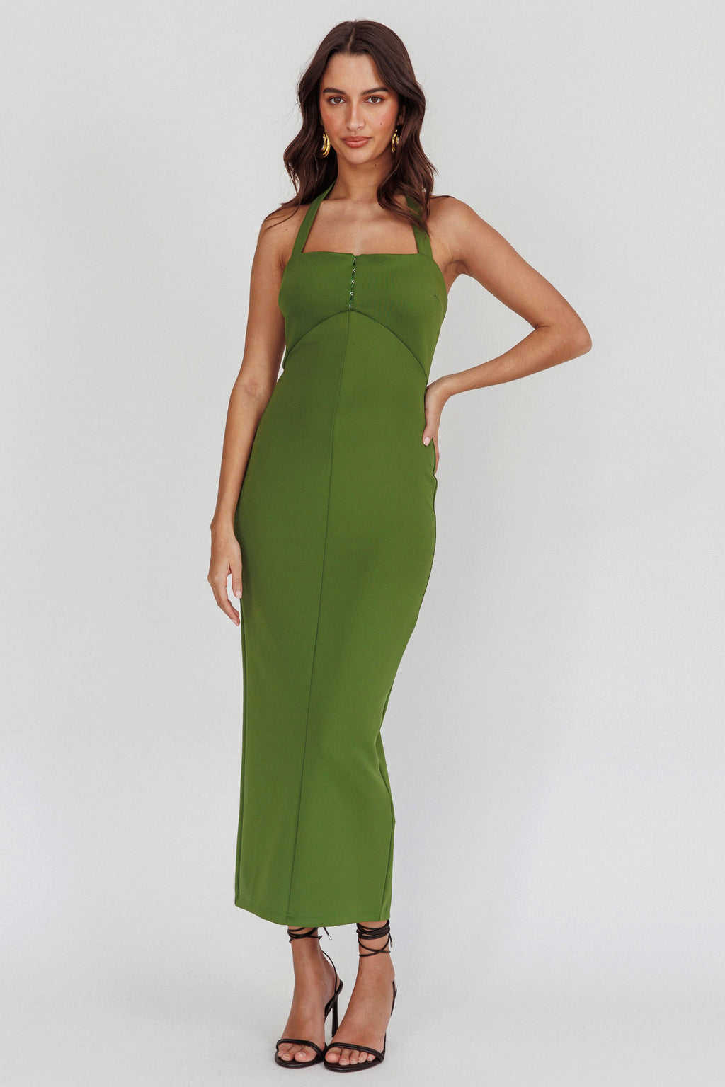 Goldfoil Halter Neck Maxi Dress Olive by Selfie Leslie Australia