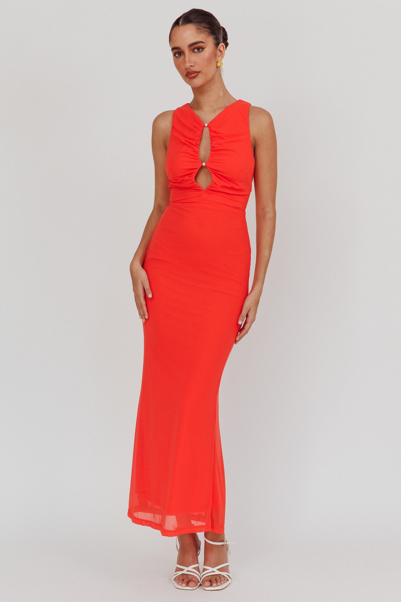 Piece Of Heaven Sleeveless Keyhole Mesh Maxi Dress Red by Selfie Leslie Australia