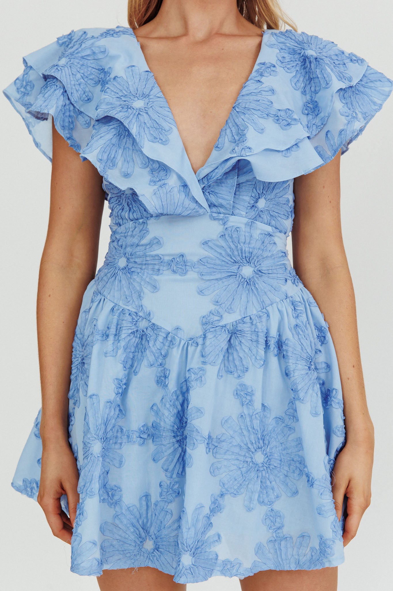 Garden Of Eden Ruffle Mini Dress Blue by Selfie Leslie Australia