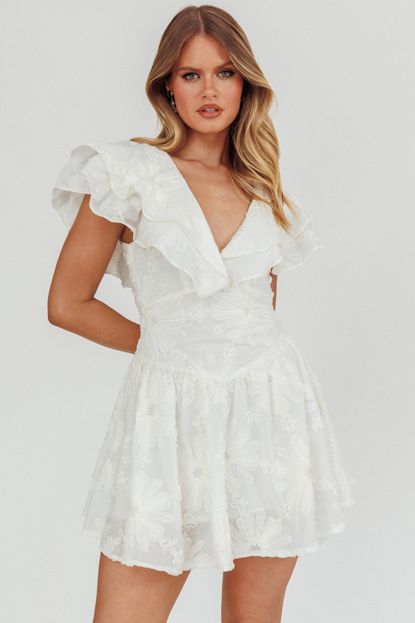 Garden Of Eden Ruffle Mini Dress White by Selfie Leslie Australia